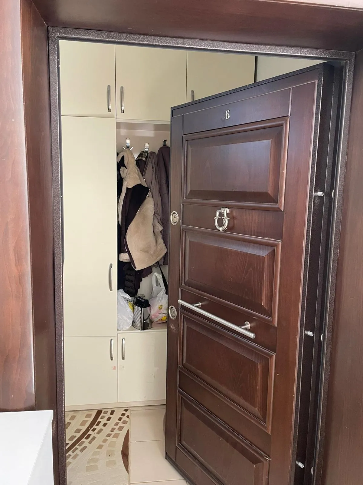 Klasik panelli koyu renk çelik kapı; iki barel rozeti, süs tokmak ve kasa tarafında sürgü pimleri görünüyor