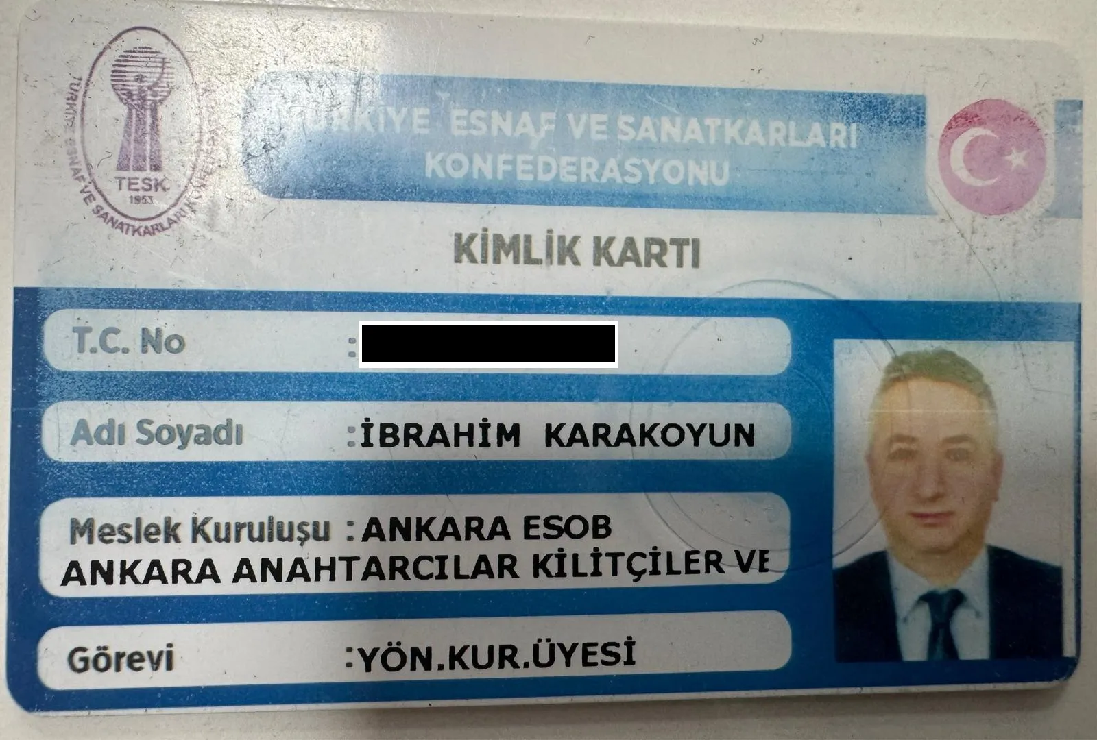 TESK (Türkiye Esnaf ve Sanatkârları Konfederasyonu) kimlik kartı — İbrahim Karakoyun, Ankara ESOB, yönetim kurulu üyesi